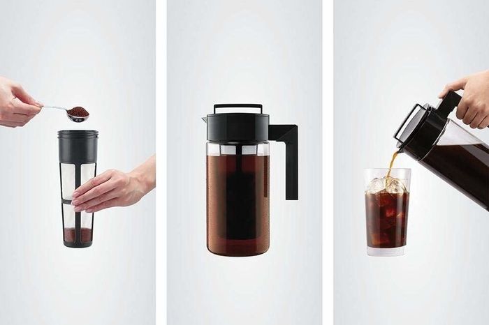 on the left, someone scooping coffee grounds into a filter, in the middle the coffee steeping in the pitcher, on the right, the coffee being poured