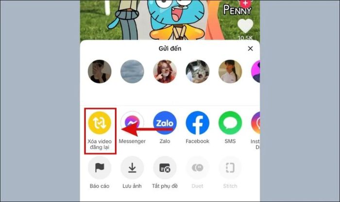 Chọn mục Xóa video Đăng lại