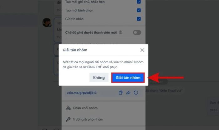 Nhấn vào mục Giải tán nhóm để xác nhận