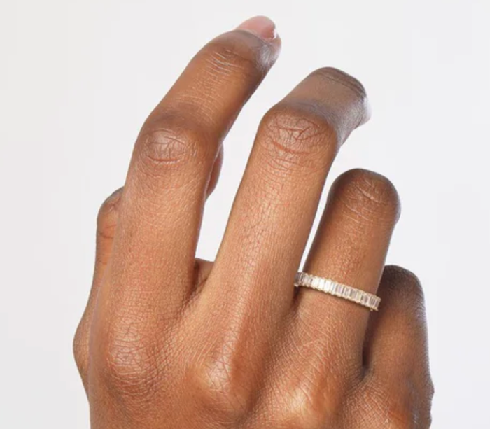 A close-up of the ring adorning a finger.