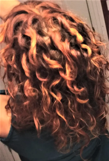Image of a reviewer showing the back of their curly red hair, wearing a black t-shirt.