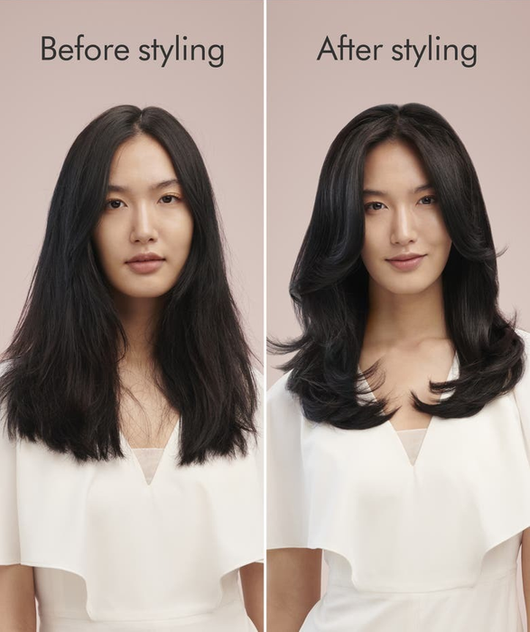 A before-and-after shot of a model: in the first photo, her hair is dry and unstyled, and in the second, her hair is voluminous and shiny, thanks to the Dyson Airwrap blowout.