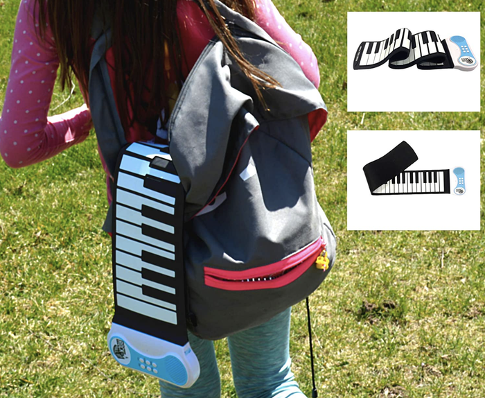 The piano packed inside a child's backpack, showcasing its portability.