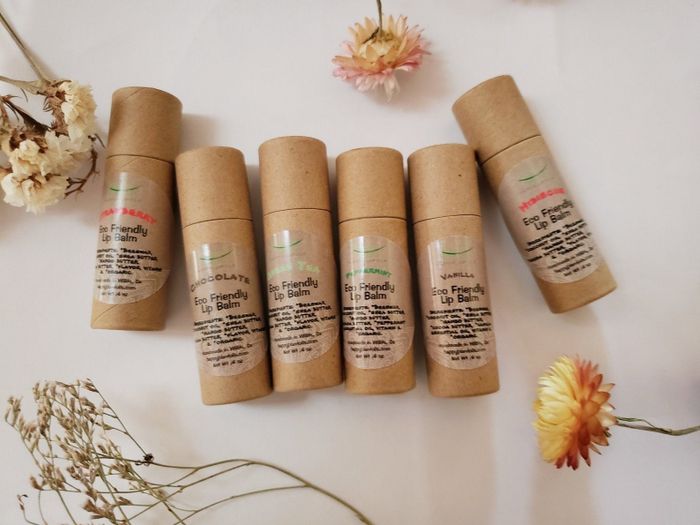 Six lip balms packaged in environmentally friendly materials