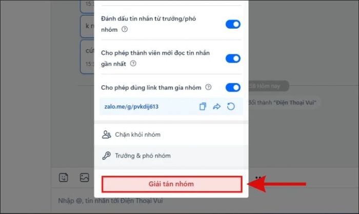 Nhấn vào nút Giải tán nhóm để xóa nhóm chat Zalo trên PC
