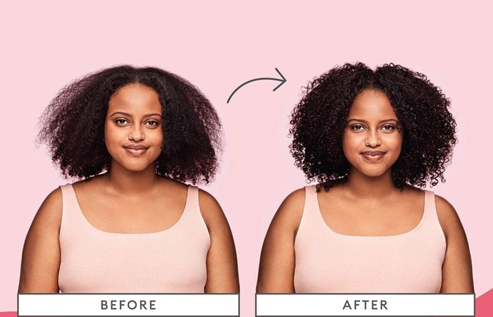 Before-and-after photos of a model with naturally curly hair: the first image shows dry, frizzy hair, while the second reveals hydrated, smooth hair after using the mask