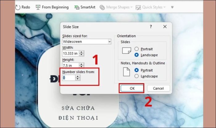 Chọn giá trị Number Slide From bằng 0 để bỏ qua trang đầu