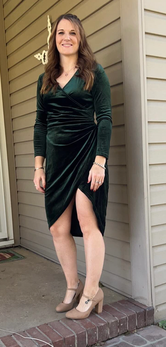 Another reviewer showcasing the dress in a vibrant green hue.