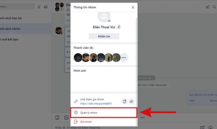 Nhấn vào mục Quản lý nhóm
