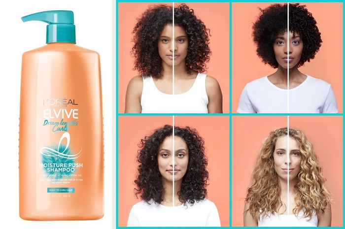 Orange and teal curl shampoo bottle on a white background, with four models showcasing their curly, coily, and wavy hair before and after using the product.