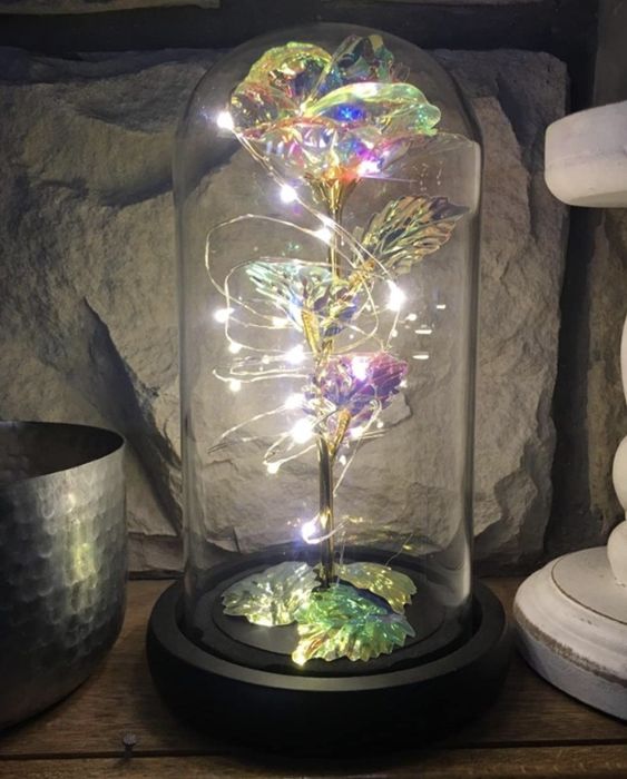 The faux rose under the glass dome.