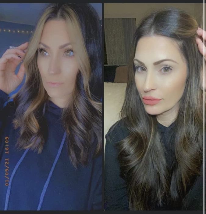 Before and after photos showing the improvement of a reviewer's hair after using the spray