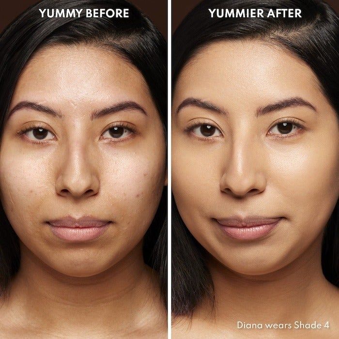 A model with medium skin tone before and after using the blurring balm, showing how it fully concealed hyperpigmentation on their cheeks and evened out their skin tone.