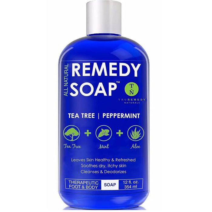 The body wash packaged in a blue bottle
