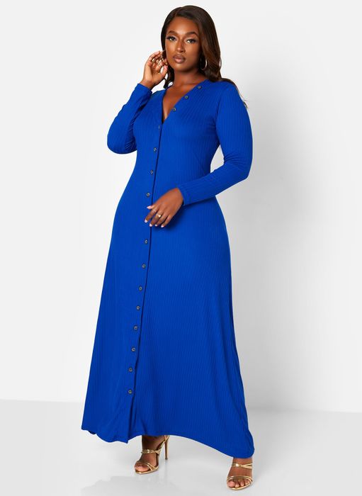 a model wearing a royal blue A-line maxi dress with button detailing down the front