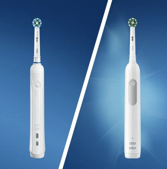 Split screen showing the electric toothbrush in its uncharged state, and then fully charged and ready for use