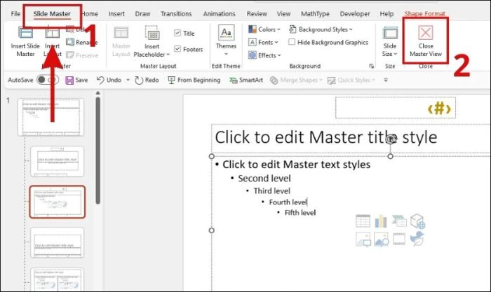 Chọn Close Master View để thoát khỏi chế độ chỉnh sửa trong Slide Master của PowerPoint