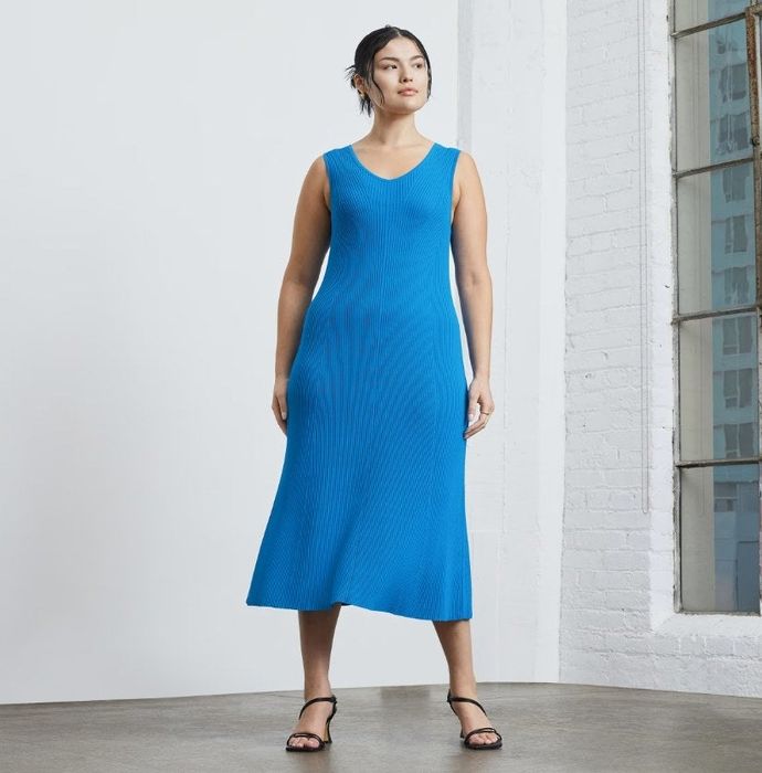 The model is wearing a chic blue ribbed dress.