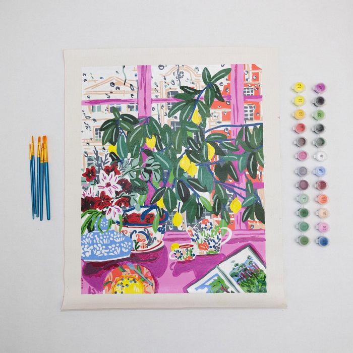 The paint-by-numbers kit featuring the beautiful 'Tea on a Rainy Day' floral still life.
