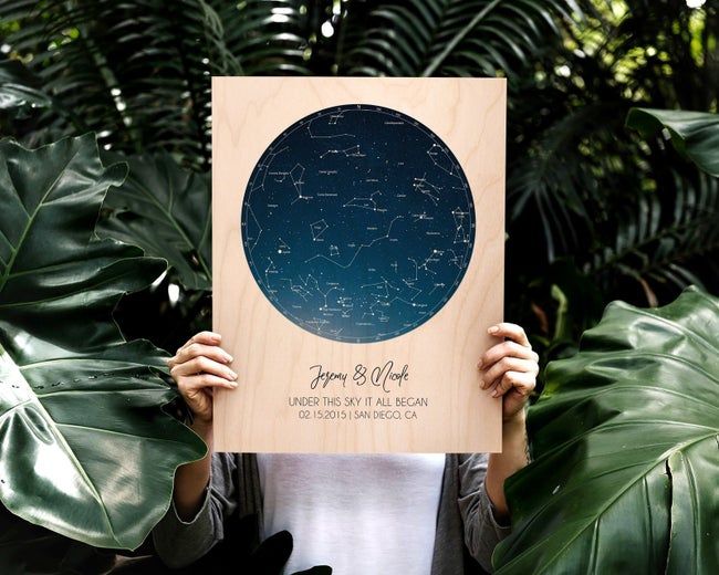 A person holding a wooden board with a circular star chart at the center. The board is inscribed with two names and a wedding date.