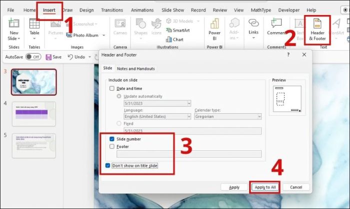 Chọn Apply to All để thêm số trang vào tất cả các slide trong bài thuyết trình