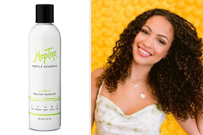 A lime green, white, and black shampoo bottle against a white backdrop, with a model showcasing her bouncy coily brown hair while wearing a sweetheart dress, set against a yellow background.
