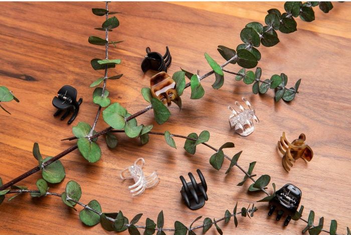 Black, clear, and brown hair clips scattered around green vines