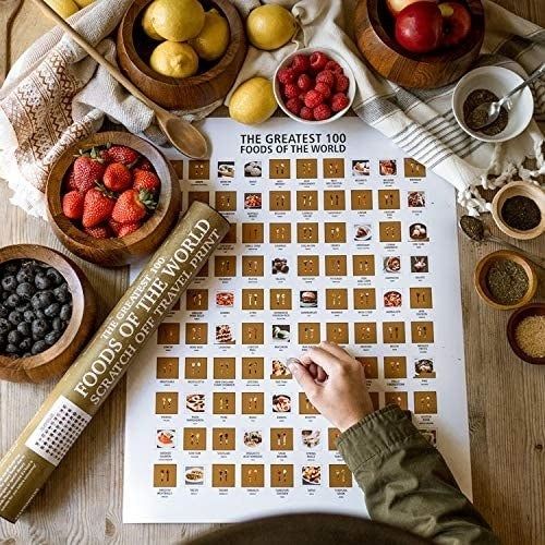 A full view of the poster showcasing 100 food items to scratch off as they’re tried