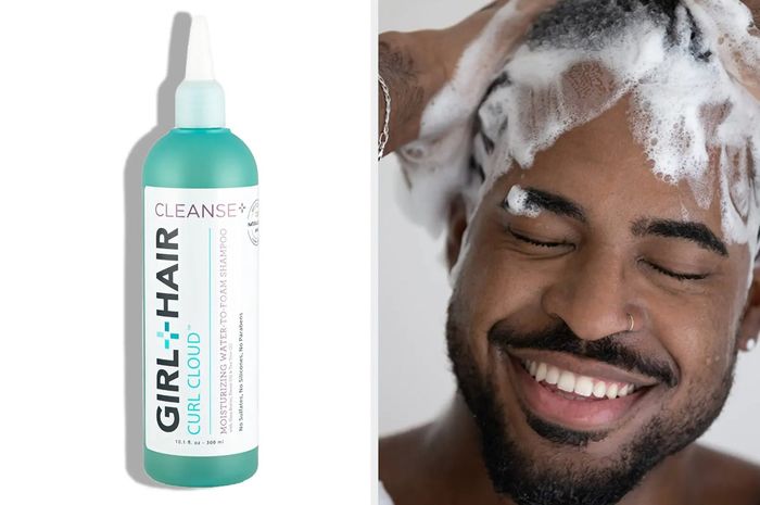 Teal shampoo bottle against a white background, with a model massaging their sudsy hair with the product.