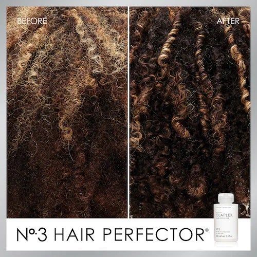 Before and after images showing the incredible repair of damaged hair after using Olaplex No. 3