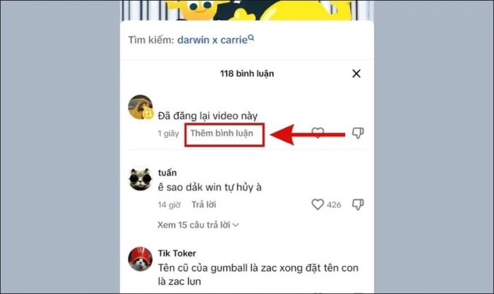 Chọn mục thêm bình luận