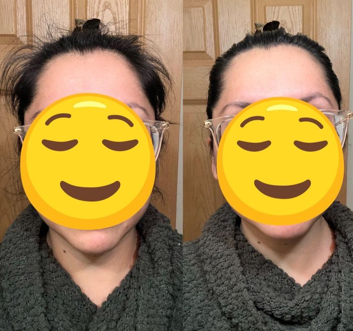 A reviewer showing their hair before and after using the hair finishing stick