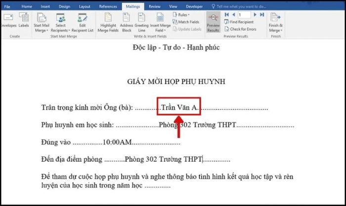 Kết quả cuối cùng sau khi thực hiện trộn thư trong Word 2010, 2016.