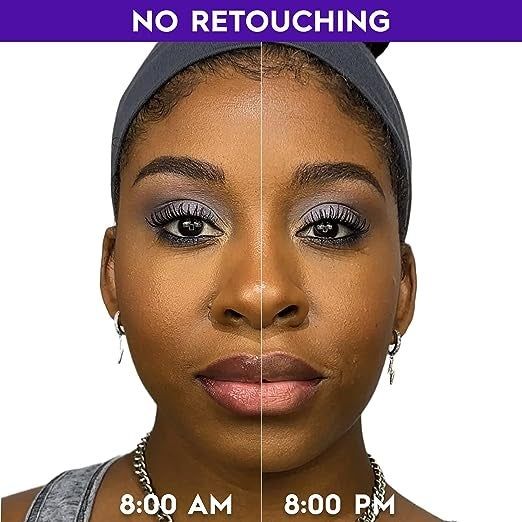 An image split in two, showing a model's face at 8am and 8pm, with no noticeable difference in the makeup throughout the day.