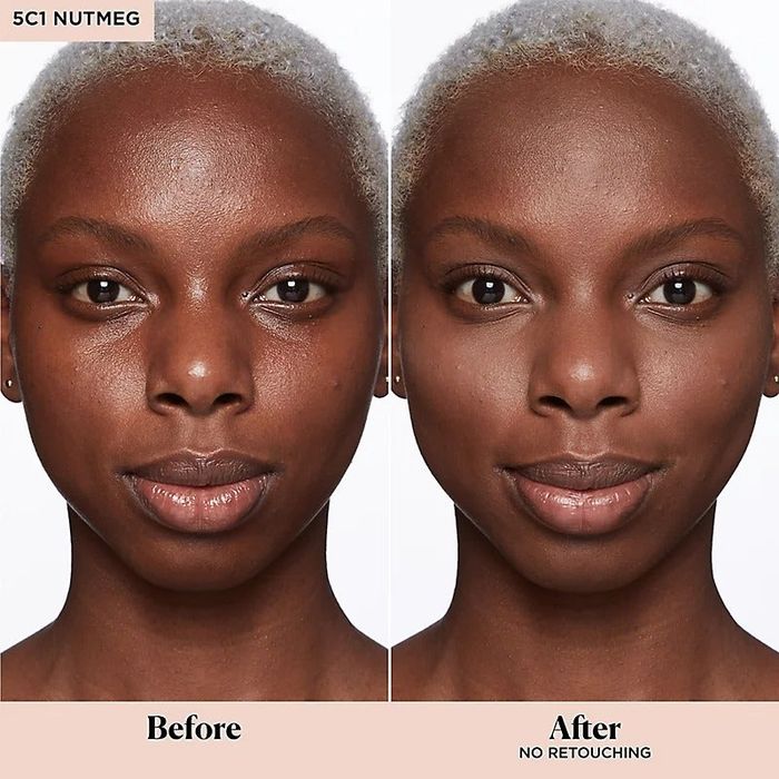 collage of a model's before and after photos, showcasing the nutmeg shade