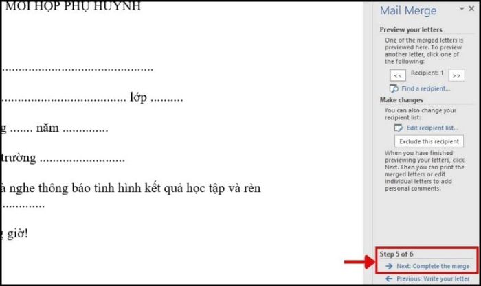 Hoàn thành các bước trộn thư trong Word 2016, 2010.