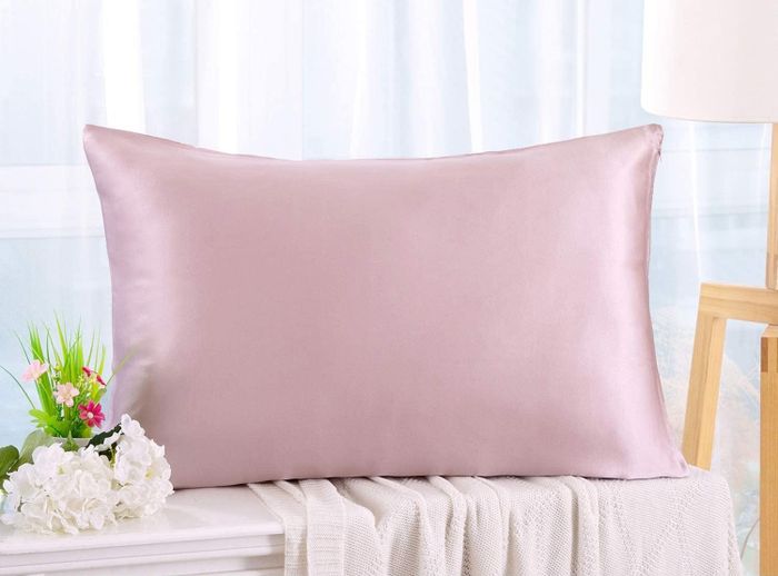 A Zimasilk silk pillowcase in the light plum color.