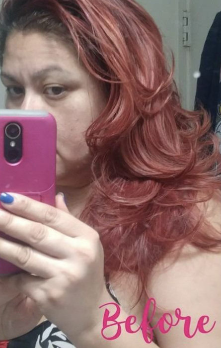 On the left, reviewer with faded red/pink wavy hair