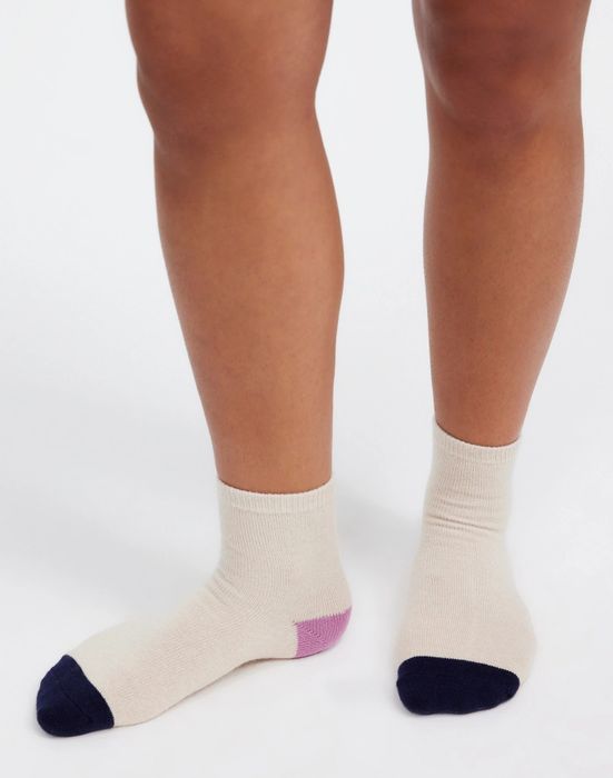 Person wearing cream-colored ankle socks with black toes and pastel-colored heels, perfect for a casual outfit.