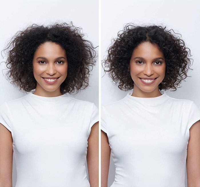 Model showing the before-and-after results of using Moroccanoil treatment