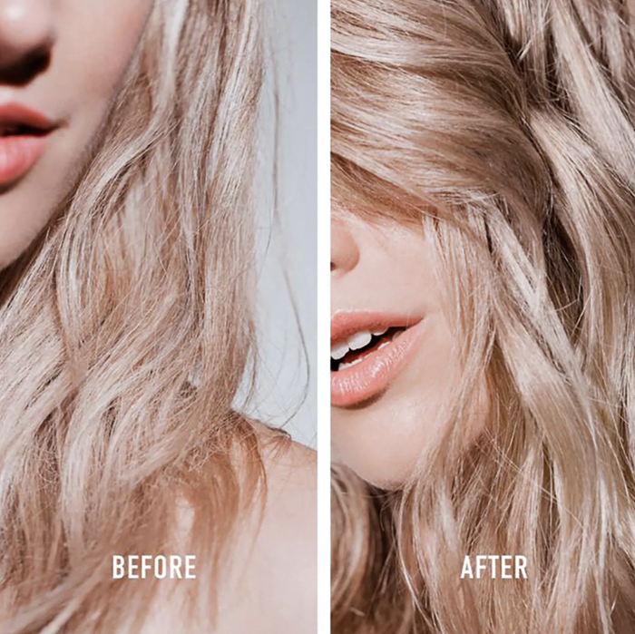 Before picture: the model's brittle, slightly dry wavy hair. After picture: the same model with more defined waves after using the night serum.
