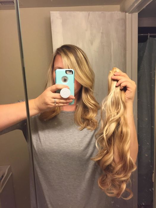 A reviewer 'before,' with hair just reaching past their shoulders