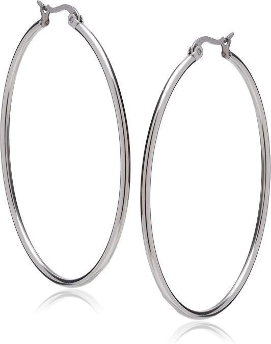 A pair of large, thin hoop earrings with a sleek metal finish, perfect for both casual and elegant outfits.