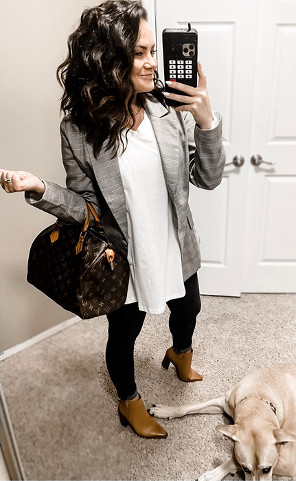 Another reviewer sporting the blazer in plaid.