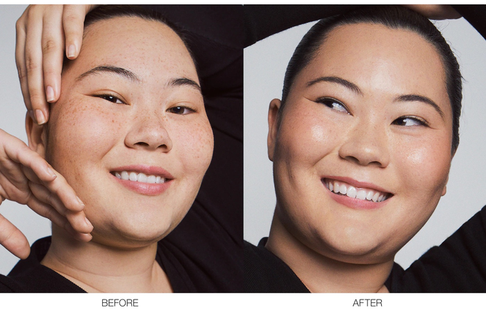 before and after images of a model's face showcasing a dewy, luminous look with the tinted moisturizer applied