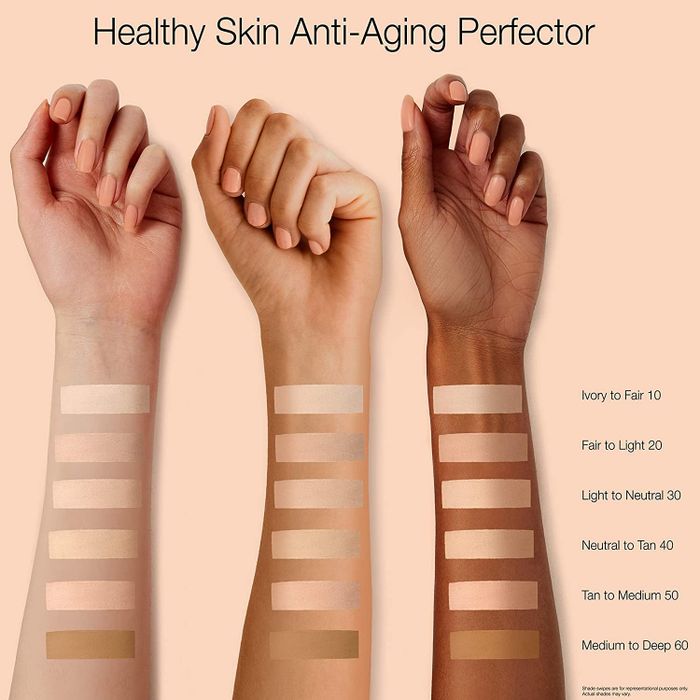 three arms displaying swatches of all available shades