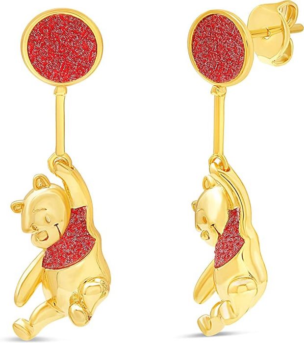 gold Winnie the Pooh earrings with him holding onto a red balloon
