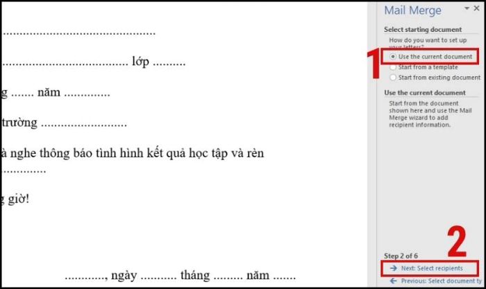 Các bước tiếp theo để tạo danh sách thủ công trong Word trước khi trộn thư