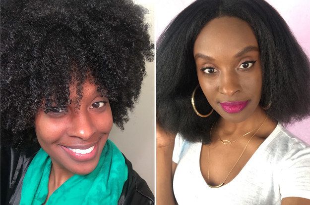 Mytour Shopping reviewer's before-and-after of her 4C curls on the left and her hair blown out on the right