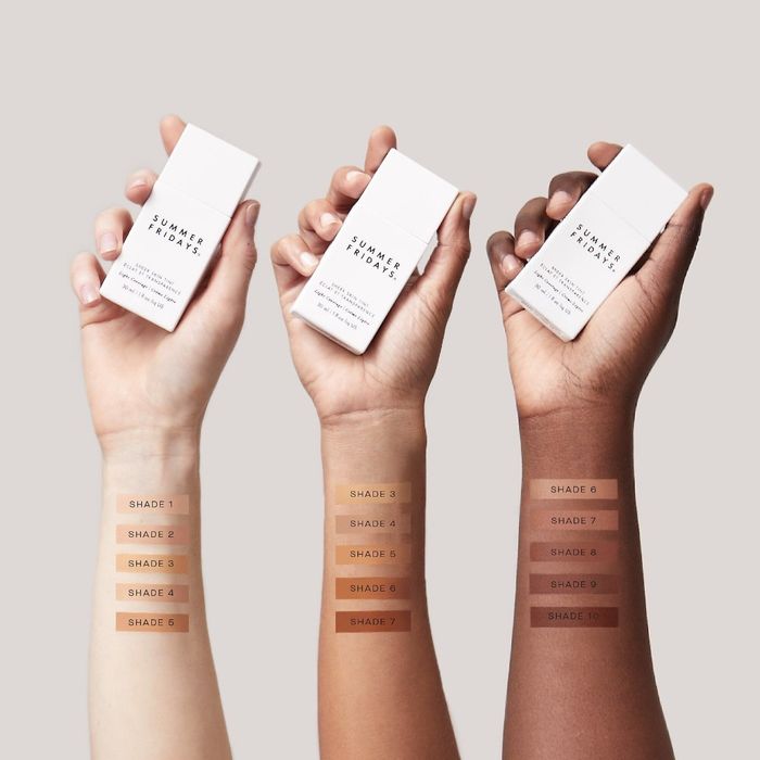 color swatches displayed across three distinct skin tones